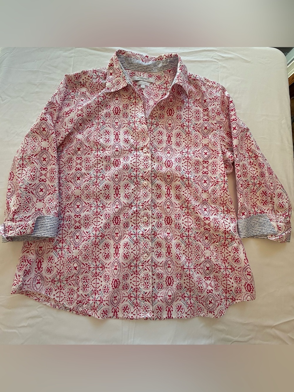 Foxcroft NYC Easy Care Button Front Shirt Large Pink Blue Print 3/4 Sleeve - Picture 3 of 10